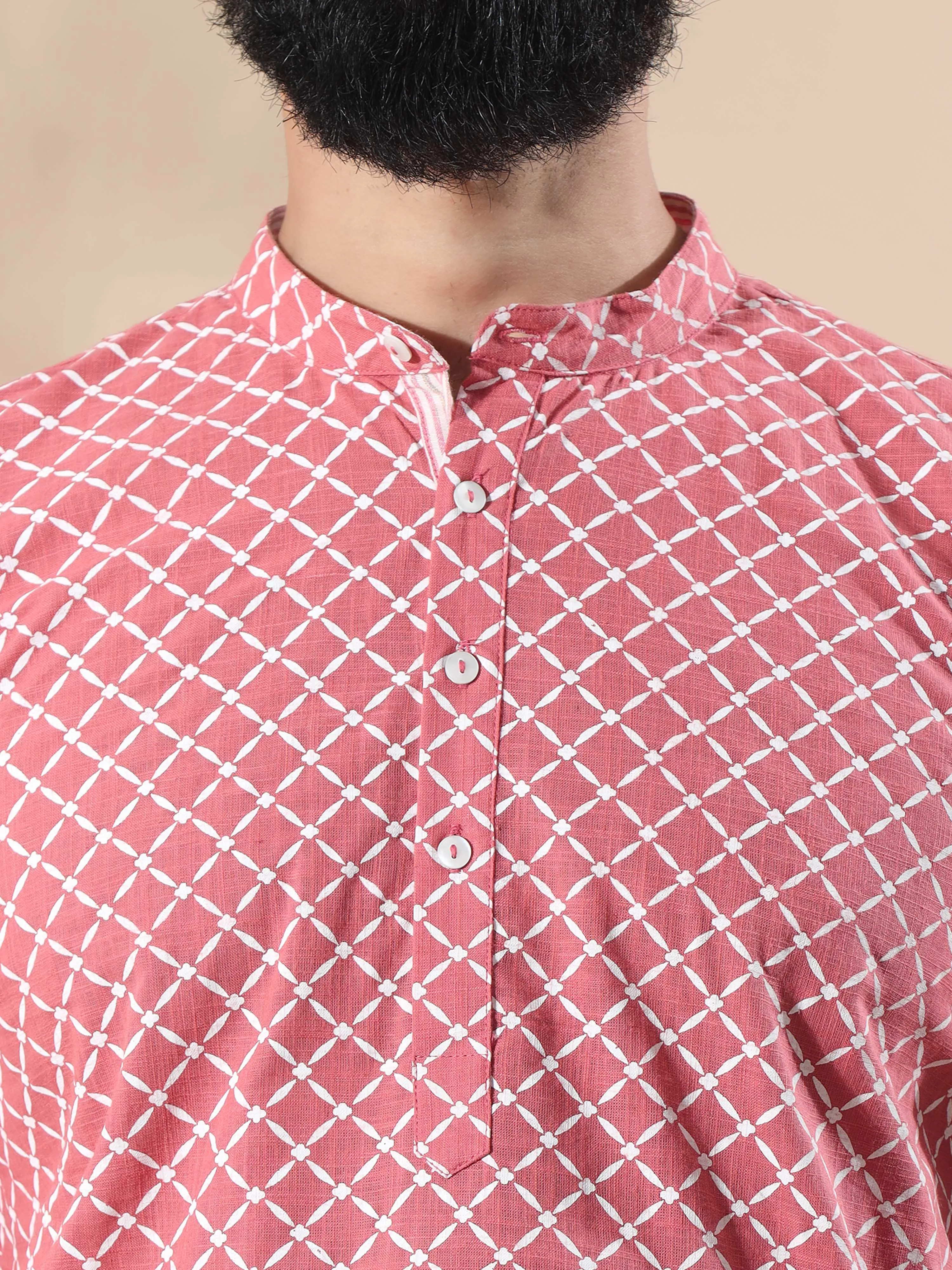 Peach and White Printed Short Kurta