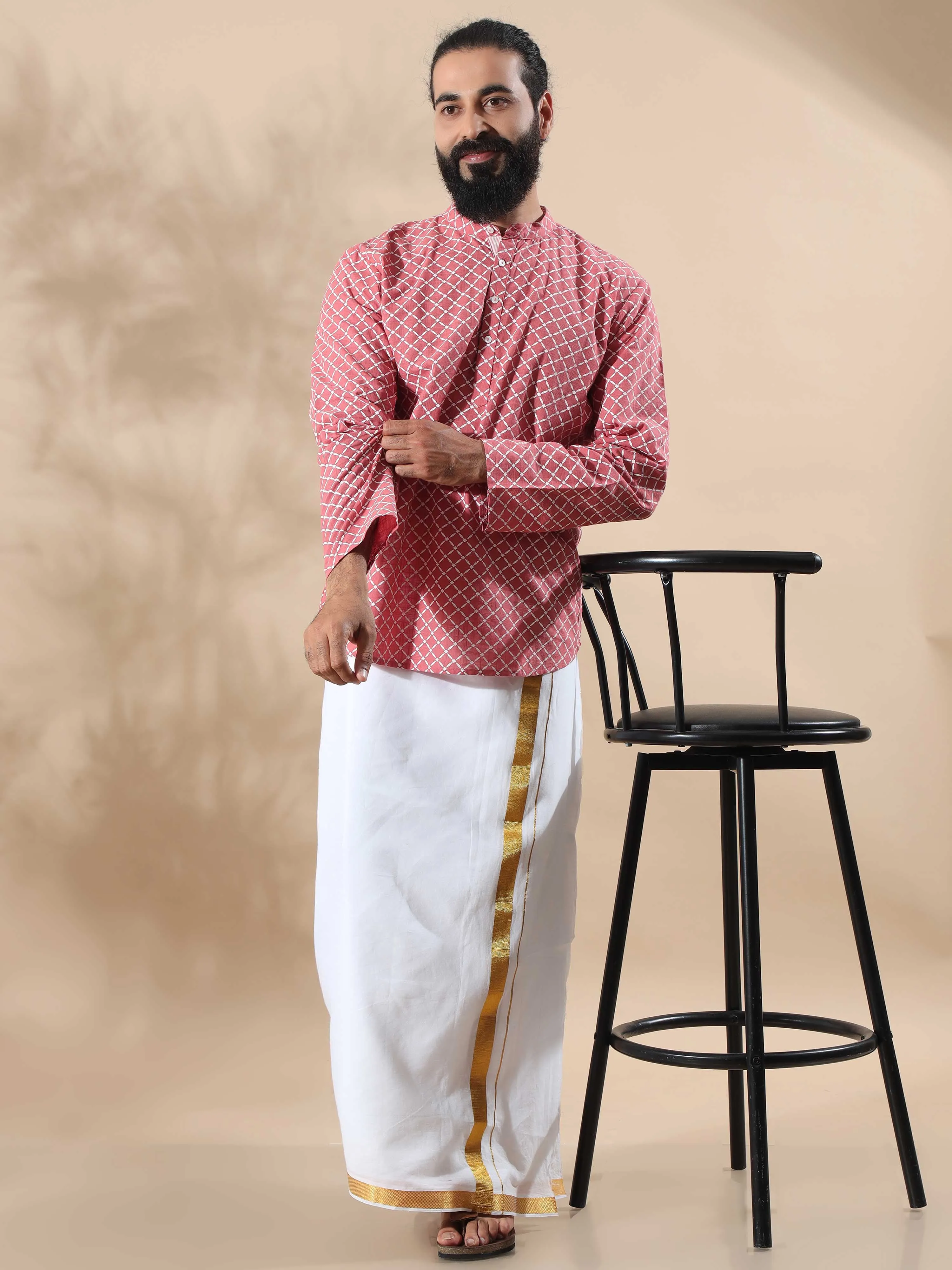 Peach and White Printed Short Kurta