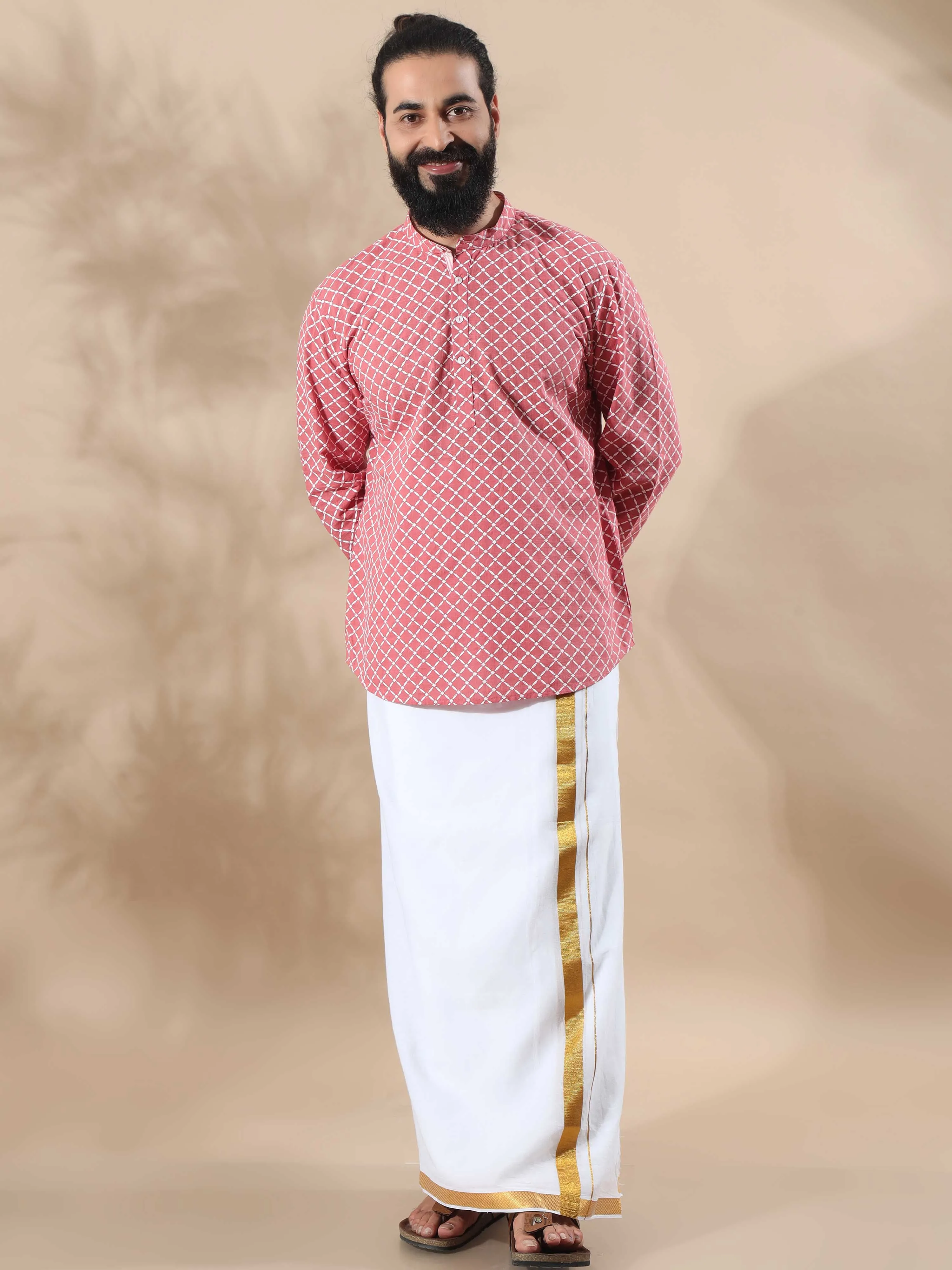 Peach and White Printed Short Kurta