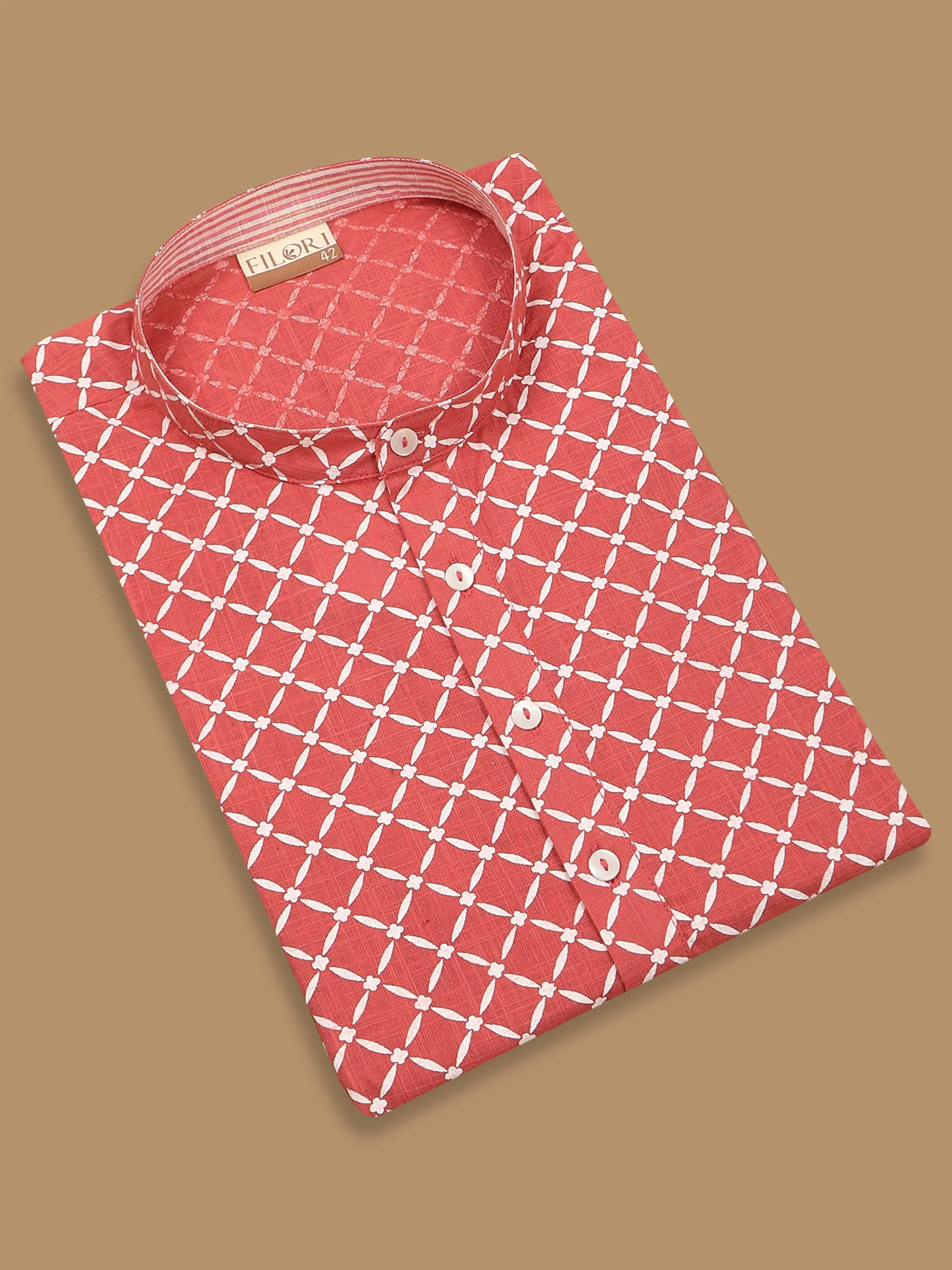 Peach and White Printed Short Kurta