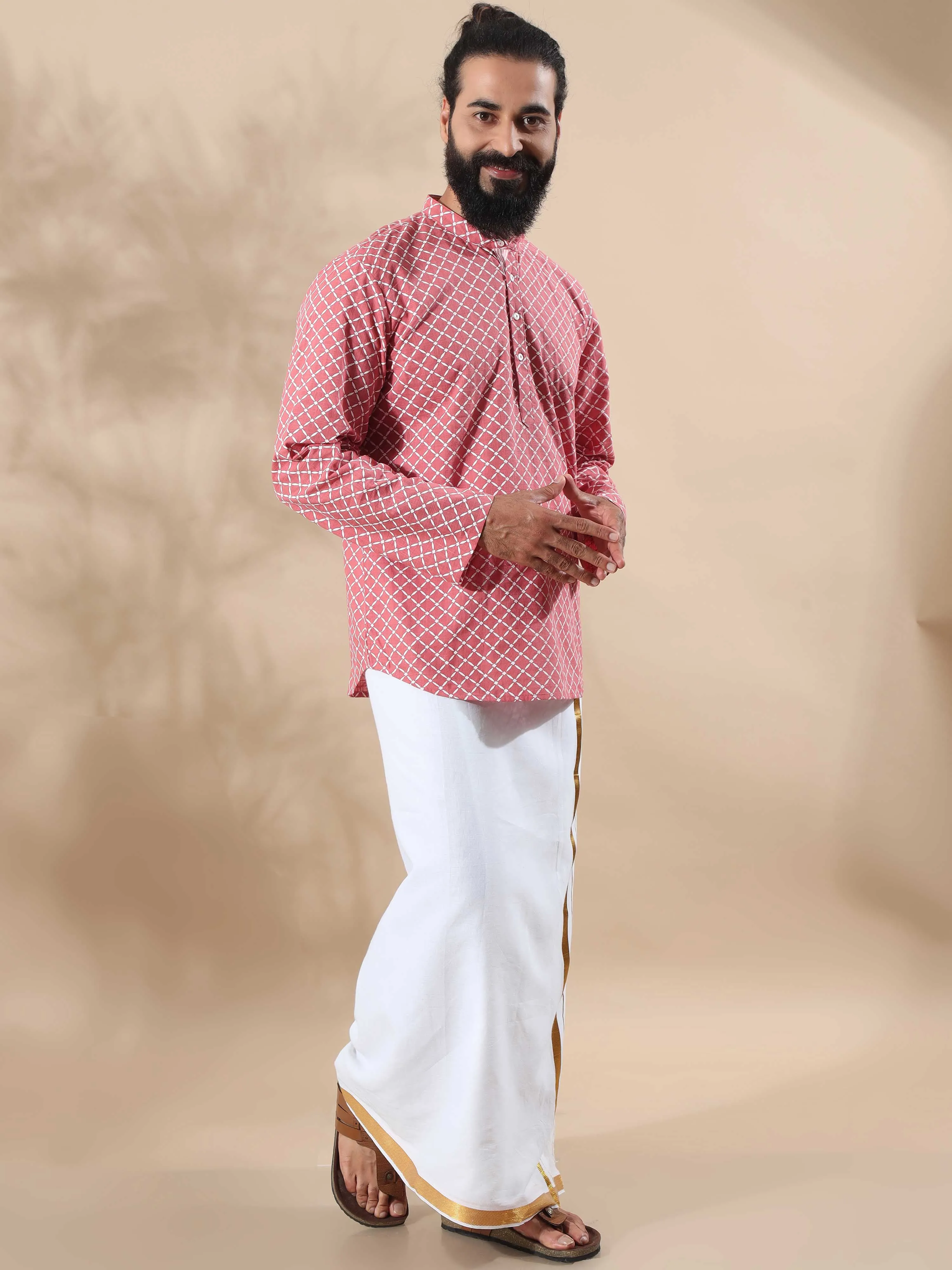 Peach and White Printed Short Kurta