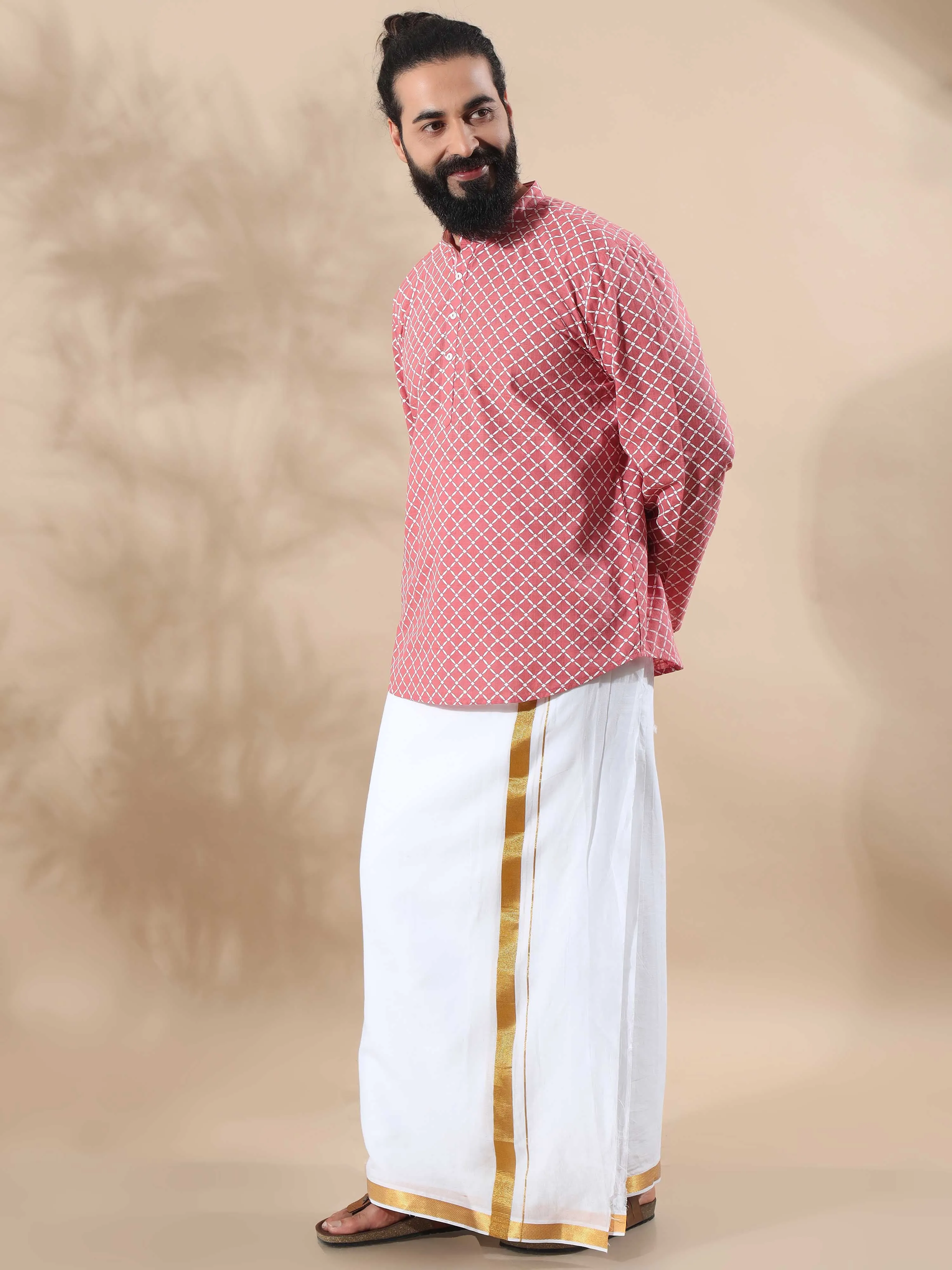 Peach and White Printed Short Kurta