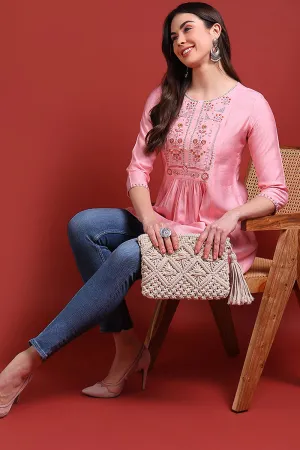 Pink Silk Blend Embroidered Regular Top