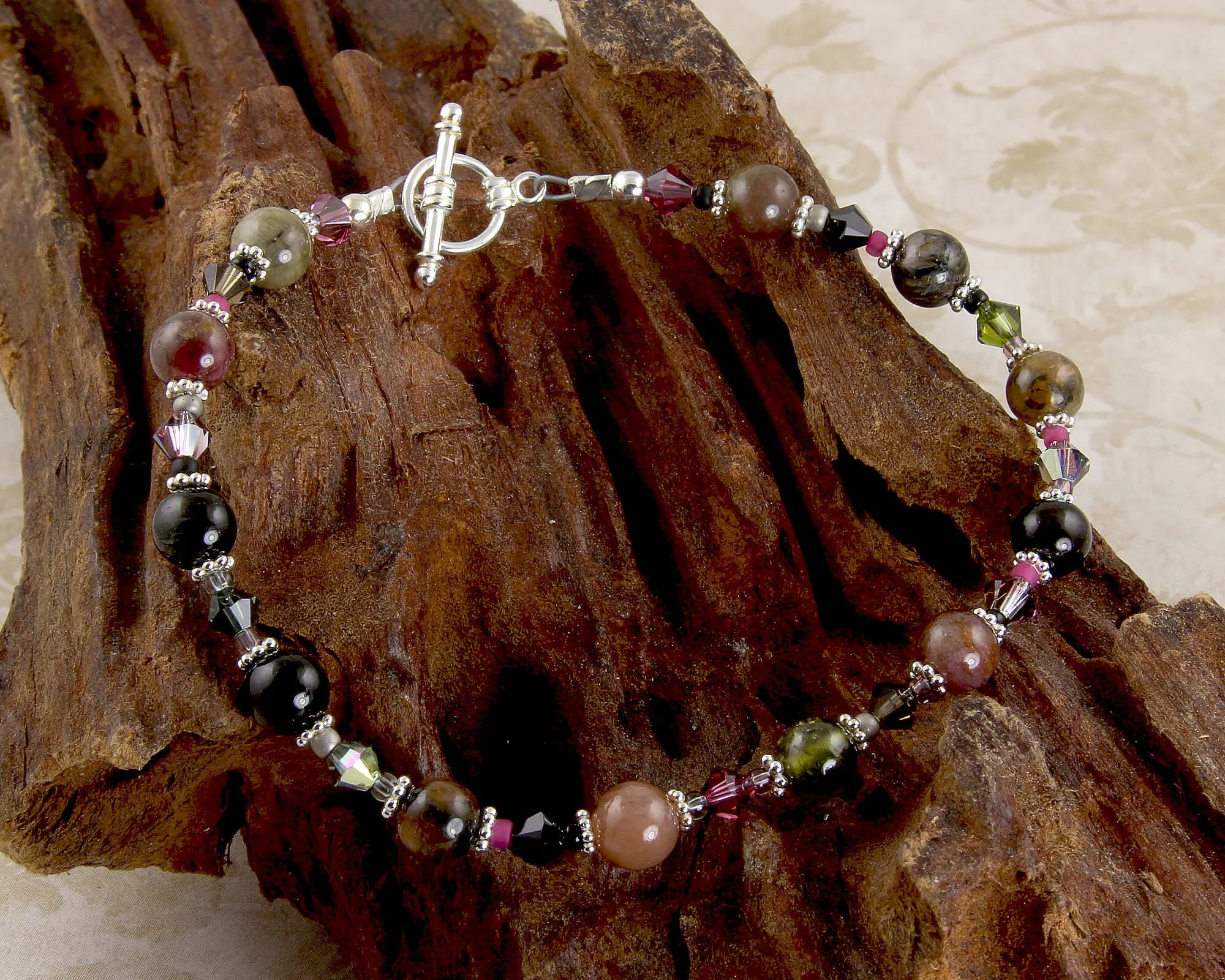 Pink Tourmaline Crystal Gemstone Bracelet, Sterling Silver
