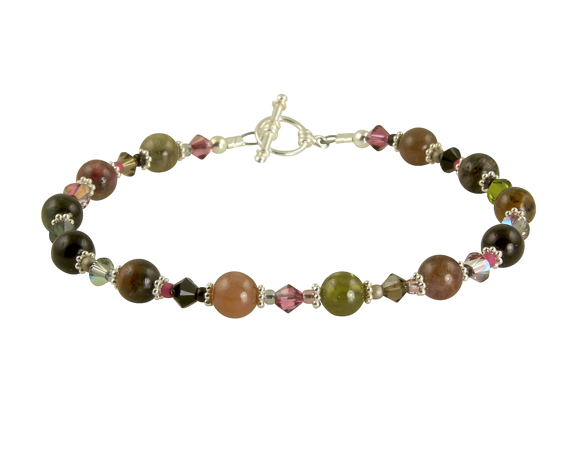 Pink Tourmaline Crystal Gemstone Bracelet, Sterling Silver