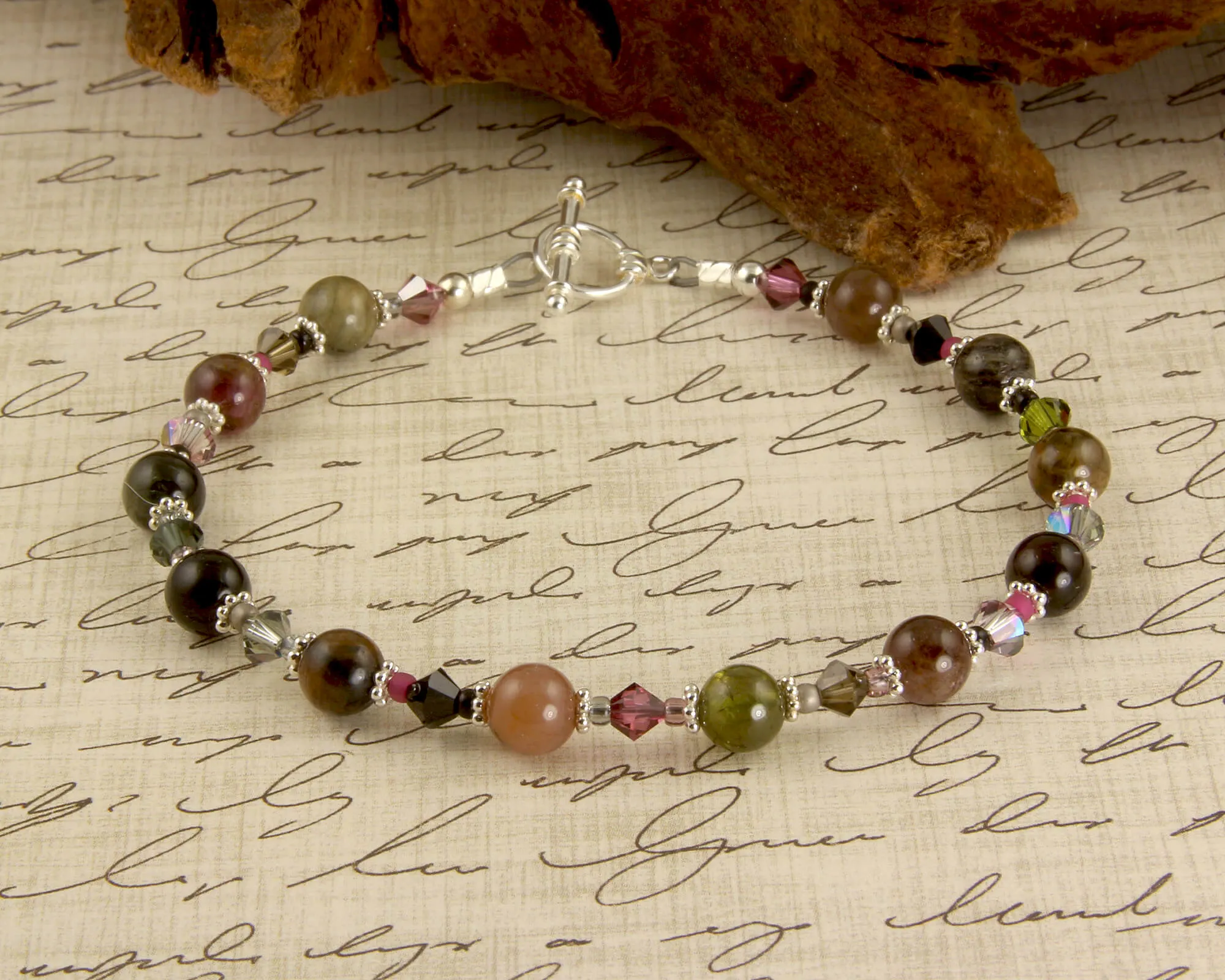 Pink Tourmaline Crystal Gemstone Bracelet, Sterling Silver