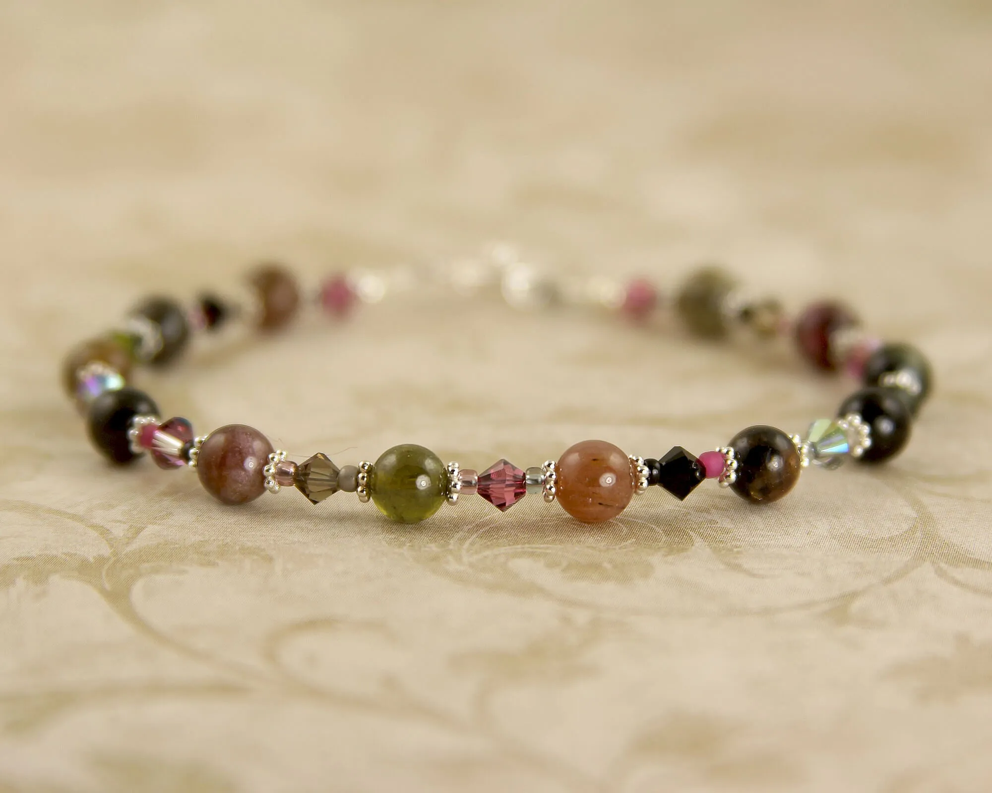 Pink Tourmaline Crystal Gemstone Bracelet, Sterling Silver