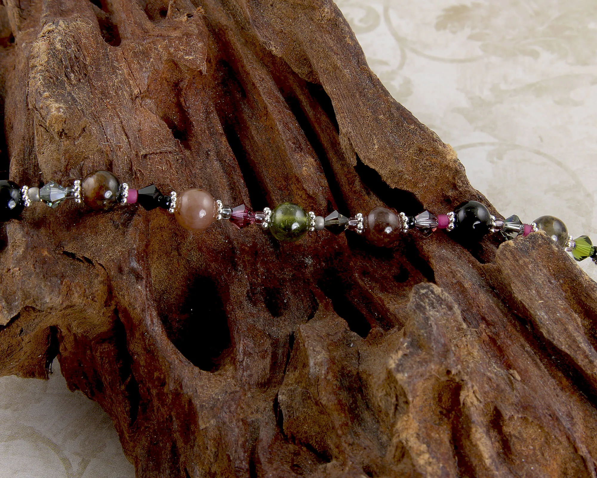 Pink Tourmaline Crystal Gemstone Bracelet, Sterling Silver