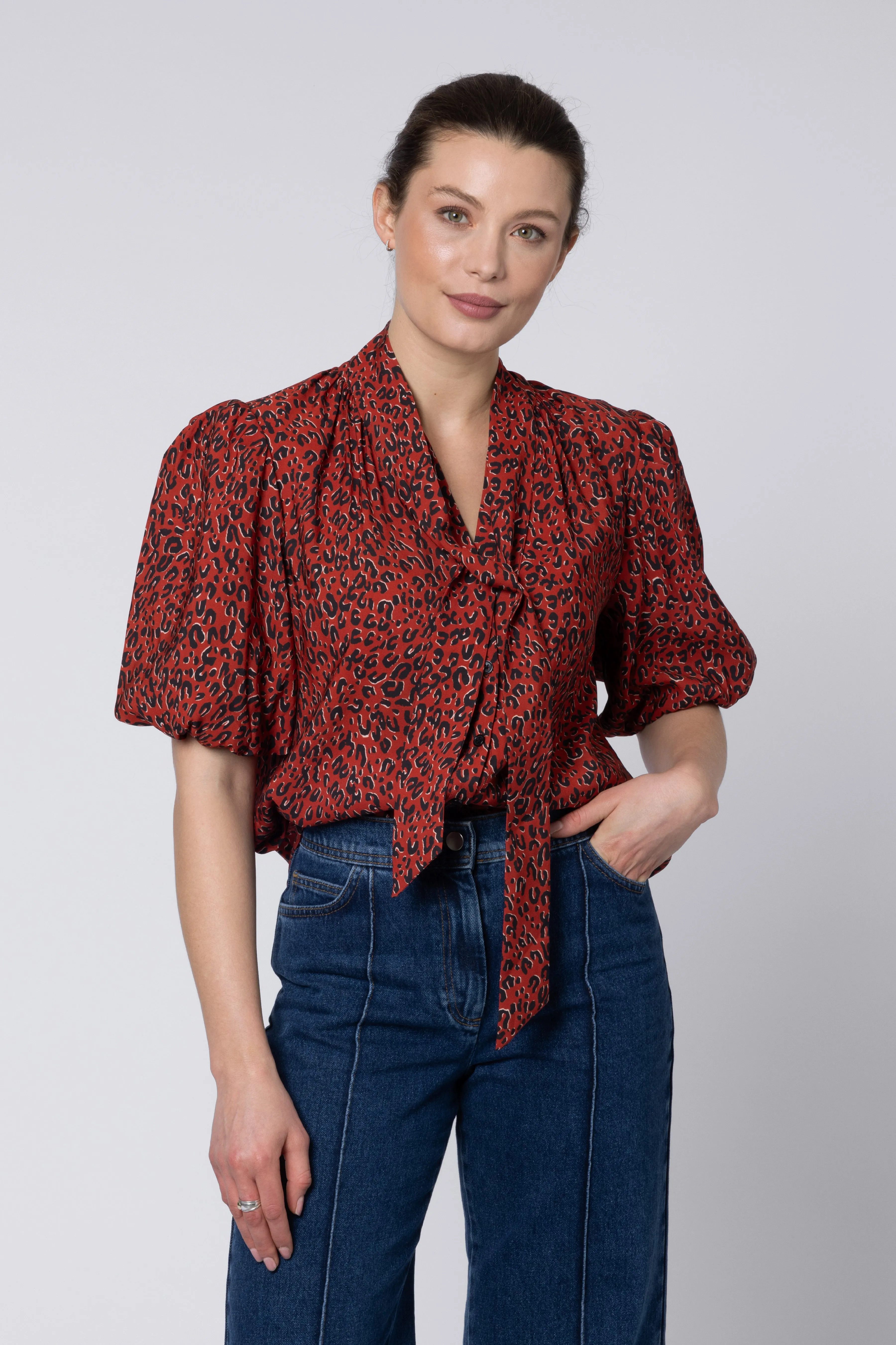 Poppy Animal Print Puff Sleeve Blouse (Red)