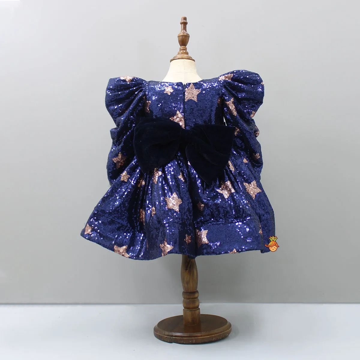 Puffed Sleeves Sequined Blue Dress With Head Band