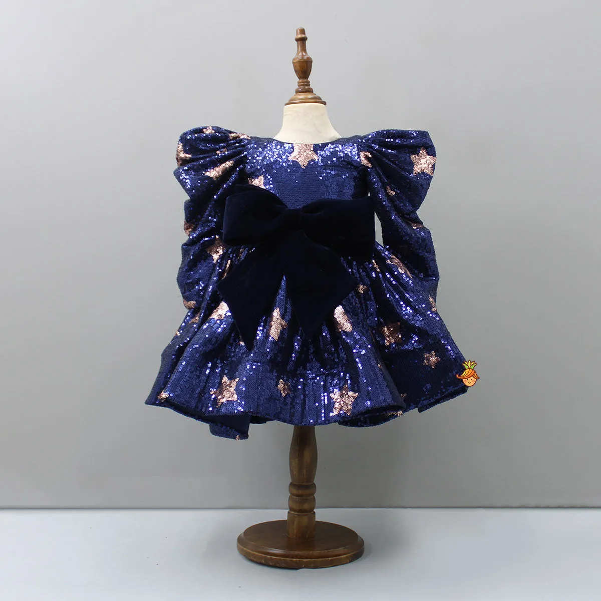Puffed Sleeves Sequined Blue Dress With Head Band