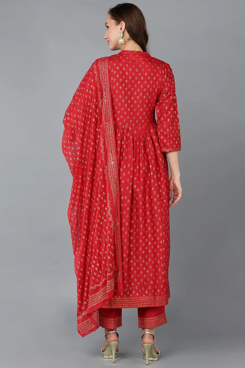Red Silk Blend Anarkali Kurta Pant With Dupatta