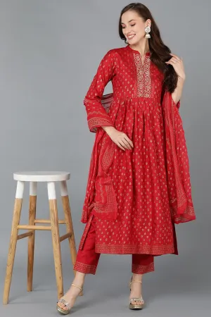 Red Silk Blend Anarkali Kurta Pant With Dupatta