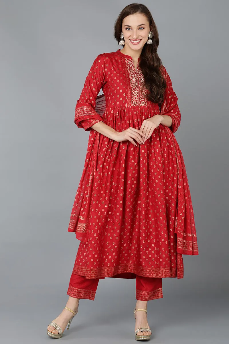 Red Silk Blend Anarkali Kurta Pant With Dupatta