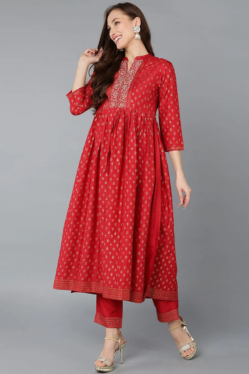 Red Silk Blend Anarkali Kurta Pant With Dupatta