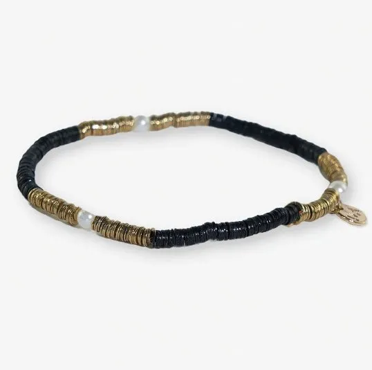 Rory Solid Color W/ Gold and Pearls Small Sequin Stretch Bracelet - Black