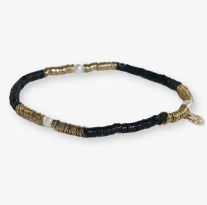 Rory Solid Color W/ Gold and Pearls Small Sequin Stretch Bracelet - Black