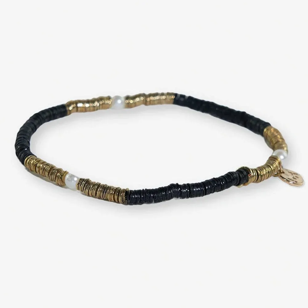 Rory Solid Color W/ Gold and Pearls Small Sequin Stretch Bracelet - Black