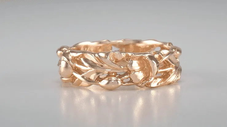 Rose Gold Vintage Style 1960's Filigree Lilies Sculptural Wedding Ring - 6mm Wide
