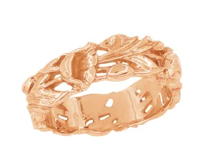 Rose Gold Vintage Style 1960's Filigree Lilies Sculptural Wedding Ring - 6mm Wide