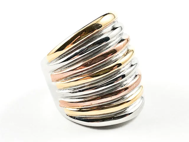Unique Multi Row Layered Tri Color Style Shiny Metallic Steel Ring