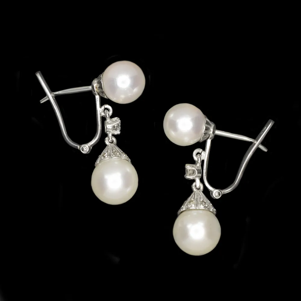 VINTAGE PEARL DIAMOND EARRINGS 14k WHITE GOLD DROP DANGLE ESTATE JEWELRY GIFT