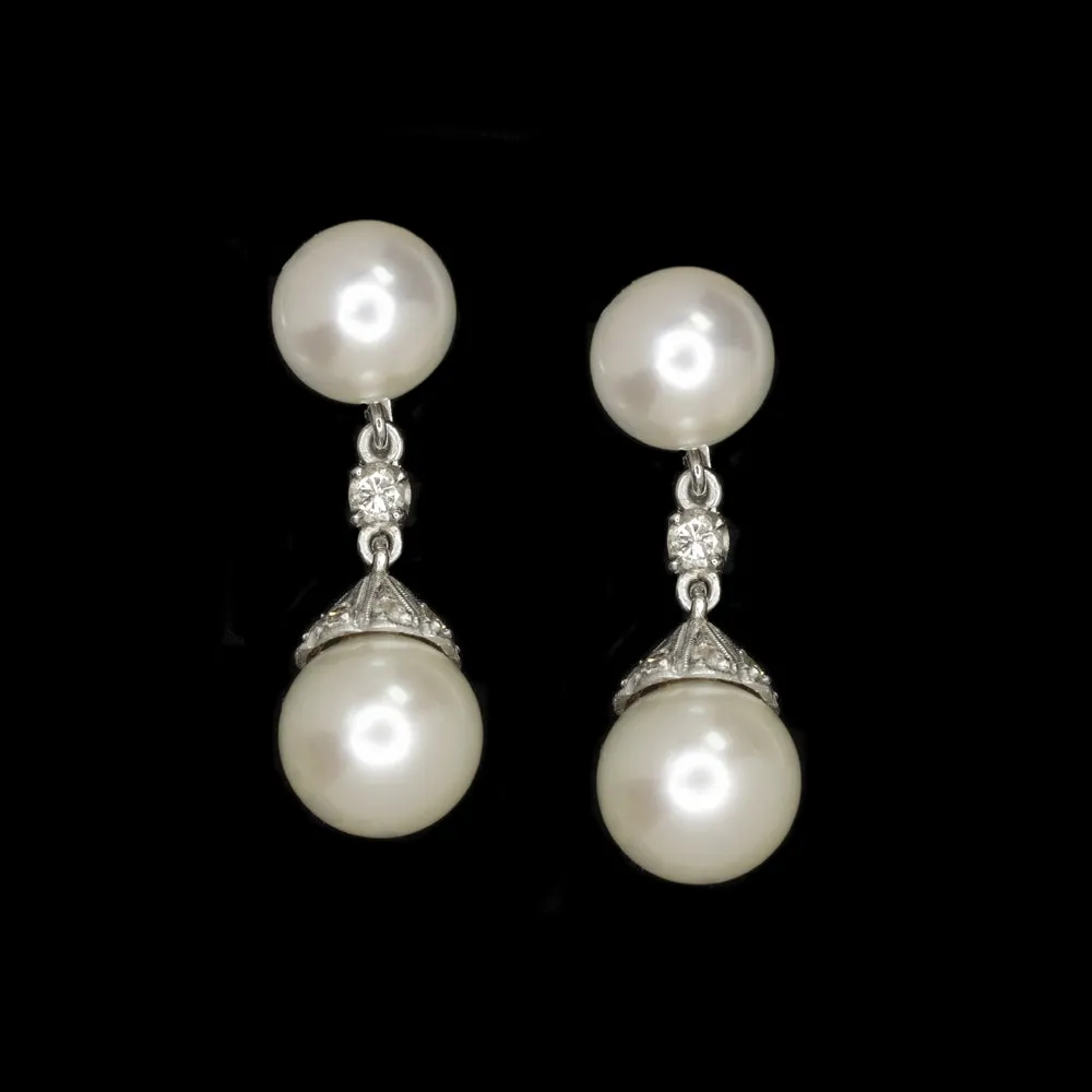 VINTAGE PEARL DIAMOND EARRINGS 14k WHITE GOLD DROP DANGLE ESTATE JEWELRY GIFT