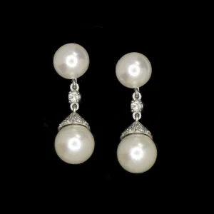 VINTAGE PEARL DIAMOND EARRINGS 14k WHITE GOLD DROP DANGLE ESTATE JEWELRY GIFT