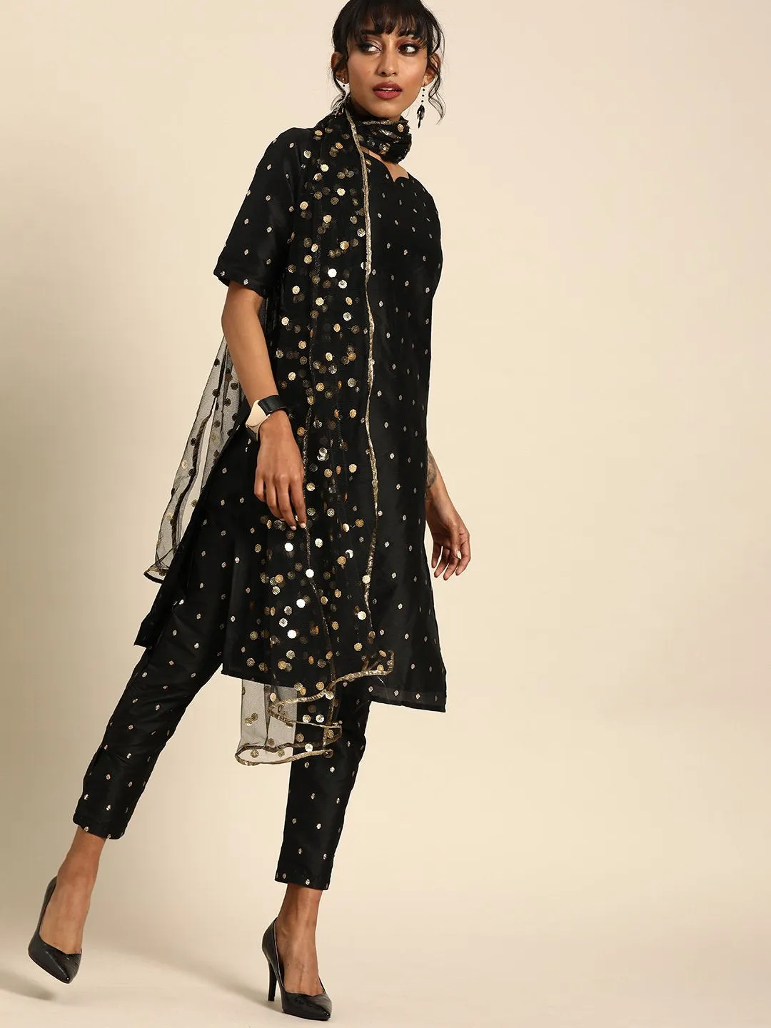 Women Black Three-Quarter Sleeves Woven Design Straight Silk Blend Brocade Kurta With Palazzo And Dupatta