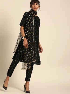 Women Black Three-Quarter Sleeves Woven Design Straight Silk Blend Brocade Kurta With Palazzo And Dupatta